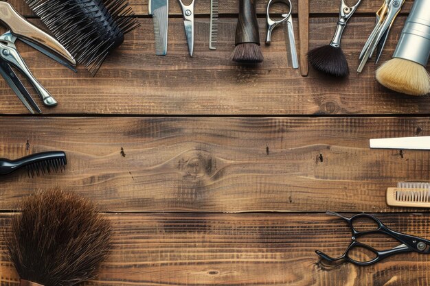 Strumenti da parrucchiere su sfondo di legno con spazio di copia in cima