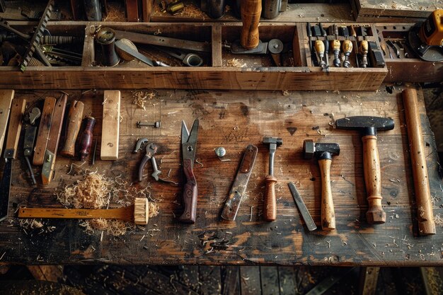 Strumenti di lavorazione del legno d'epoca sul banco di lavoro concetto di artigianato della falegnameria