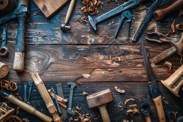 Strumenti di lavorazione del legno d'epoca sul banco di lavoro concetto di artigianato della falegnameria