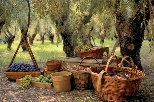 Strumenti e cestini per la raccolta delle olive nel frutteto creati con l'intelligenza artificiale generativa