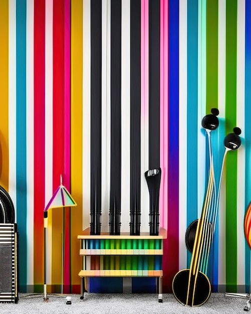 strumenti musicali a percussione colorati accanto a strisce multicolori