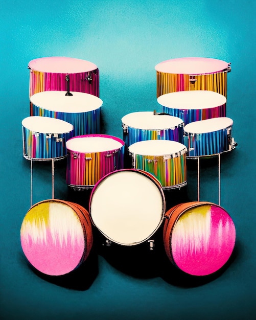 strumenti musicali a percussione colorati accanto a strisce multicolori