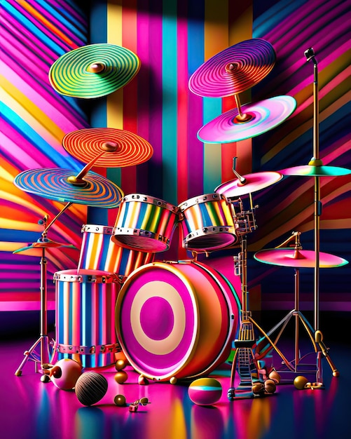 strumenti musicali a percussione colorati accanto a strisce multicolori