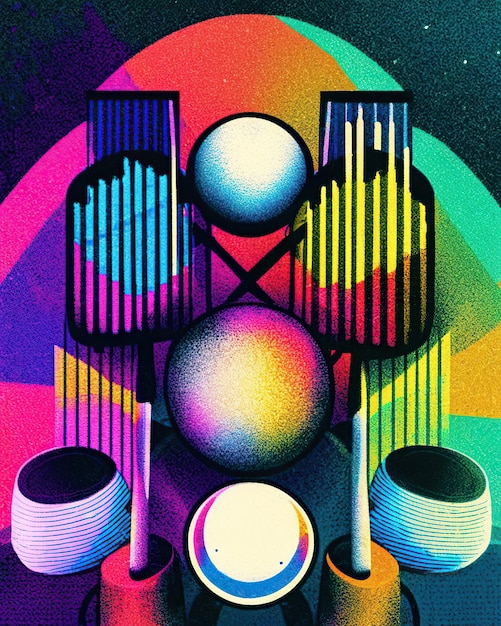 strumenti musicali a percussione colorati accanto a strisce multicolori