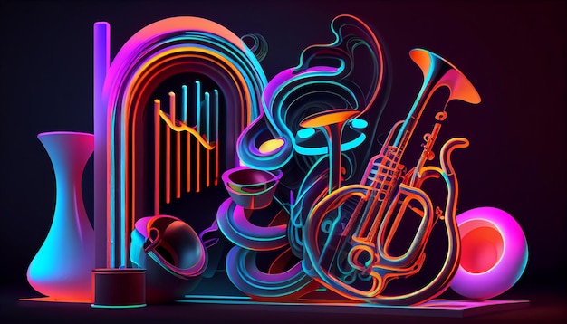 Strumenti musicali astratti di tema di stile musicale di sfondo colorato al neon