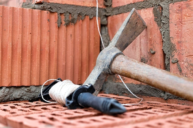 Strumento di costruzione per la posa di mattoni e blocchi Strumenti del muratore martello spatola cazzuola guanti Utensili manuali sullo sfondo della muratura