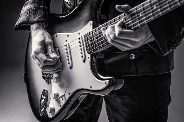 Strumento musicale Chitarra elettrica Ripetizione della band di musica rock Festival musicale Uomo che suona la chitarra Primo piano mano che suona la chitarra Musicista che suona la chitarra musica dal vivo