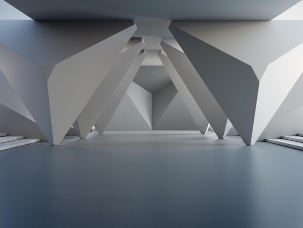 Struttura a forme geometriche su pavimento in cemento grigio Illustrazione 3d del design astratto dell'architettura