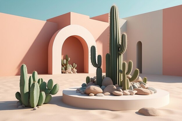 Struttura architettonica astratta vetrina su sfondo pastello con ombre pietre spiaggia sabbia e cactus Mock up per le mostre presentazione di prodotti terapia rilassamento rendering 3d