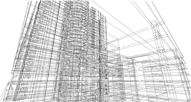 Struttura astratta del wireframe della costruzione 3D. Idea grafica della costruzione dell'illustrazione, idea architettonica di schizzo.