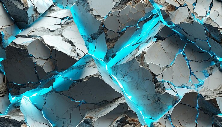 Struttura astratta di pietra rotta con luce blu