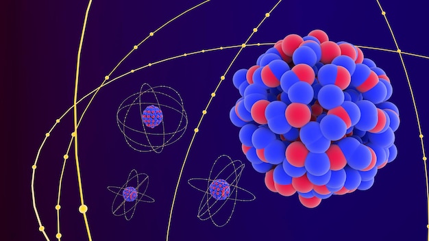 struttura atomica costituita da protoni, neutroni ed elettroni. Rendering scientifico dell'atomo3d