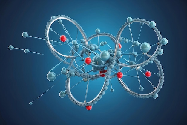 Struttura atomica della molecola su sfondo blu Concepto scientifico Illustrazione di rendering 3D