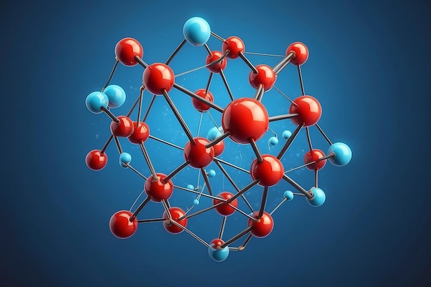 Struttura atomica della molecola su sfondo blu Concepto scientifico Illustrazione di rendering 3D