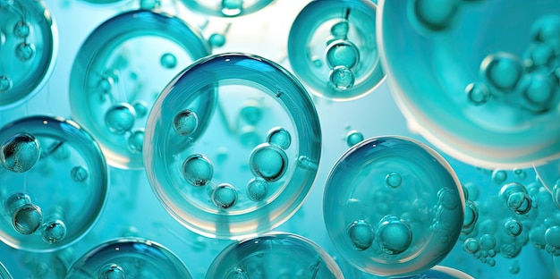 Struttura cellulare su sfondo blu Cellula di ossigeno al microscopio Sfondo chimico di laboratorio cosmetico