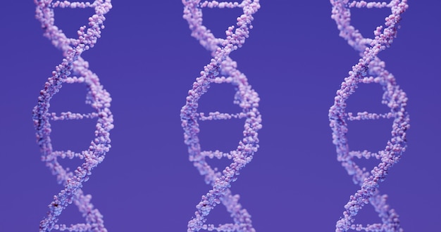 Struttura del DNA della lavanda 3d su uno sfondo viola. Background medico scientifico e tecnologia sanitaria per presentazioni, copertine o pubblicità.