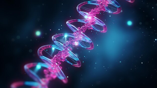 Struttura del DNA in luce blu su sfondo scuro IA generativa