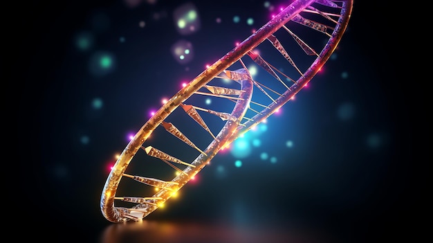 Struttura del DNA in luce blu su sfondo scuro IA generativa