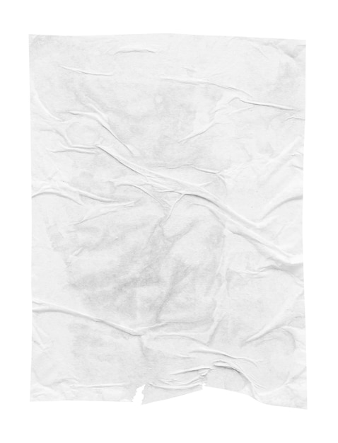Struttura del manifesto di carta stropicciata e sgualcita bianca vuota isolata su sfondo bianco