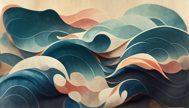 Struttura del tratto di pennello blu con motivo a onde oceaniche giapponesi in illustrazione 3d in stile vintage