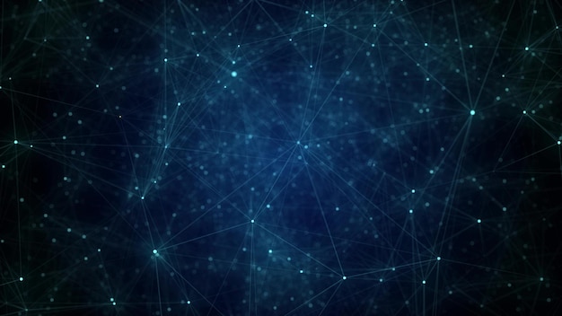 Struttura di connessione di rete Sfondio blu astratto con punti in movimento, linee e triangoli Illustrazione futuristica Progettazione tecnologica digitale Rendering 3D