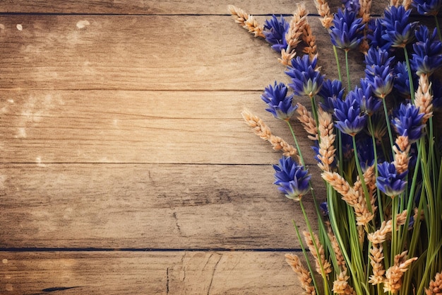 Struttura di legno vuota con fiori di mais sul bordo con spazio per la copia