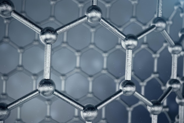 Struttura di rendering 3D del tubo di grafene, primo piano di forma geometrica esagonale di nanotecnologia astratta. Concetto di struttura atomica del grafene, struttura del carbonio.