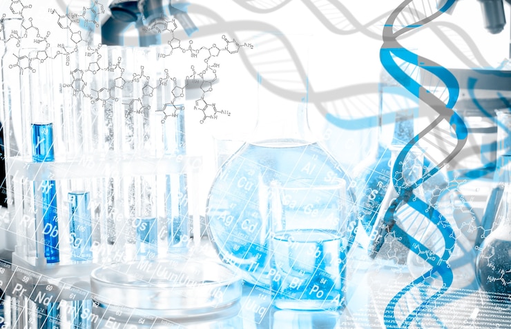 Foto struttura e formula del dna su apparecchiature biotecnologiche