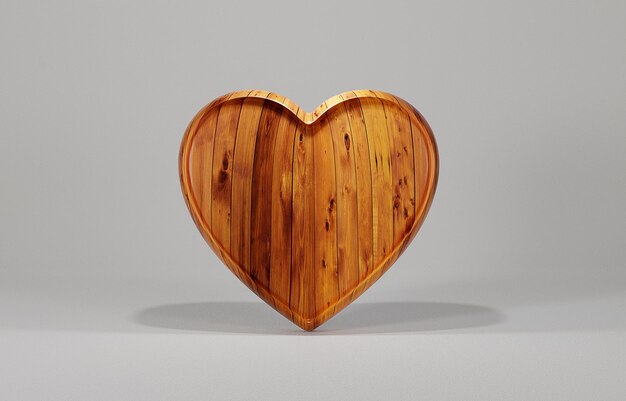 Struttura in legno a forma di cuore di rendering 3D, sfondo tridimensionale.