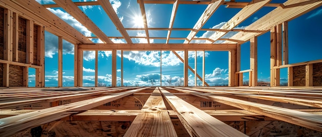 Struttura in legno in costruzione contro il cielo blu con legname e nuvole sparse Concept Construction Site Strutture in legno Blue Sky Lumber Clouds