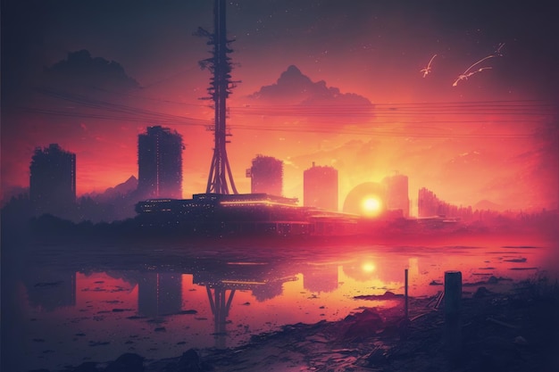 Strutture abbandonate nella metropoli futuristica durante il tramonto paesaggio fantascientifico Fantasy concetto Illustrazione pittura Generative AI