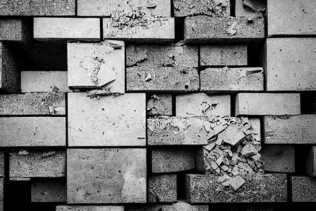 Strutture crollate e muri in pietra di edifici industriali distrutti