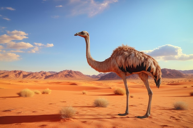 Struzzo nel deserto del Sahara Marocco render 3d Struzzo nel deserto HD 8K carta da parati immagine fotografica AI Generato