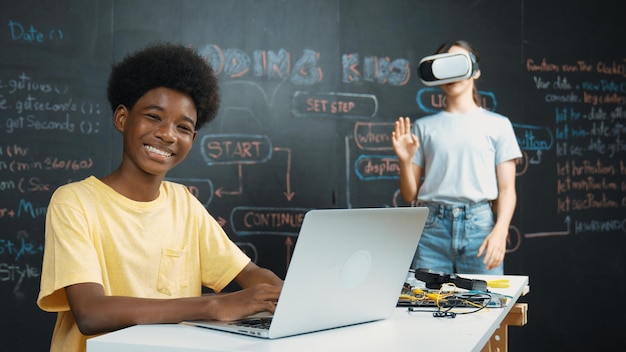 Student programing and coding system while girl enter in metaverse Edification