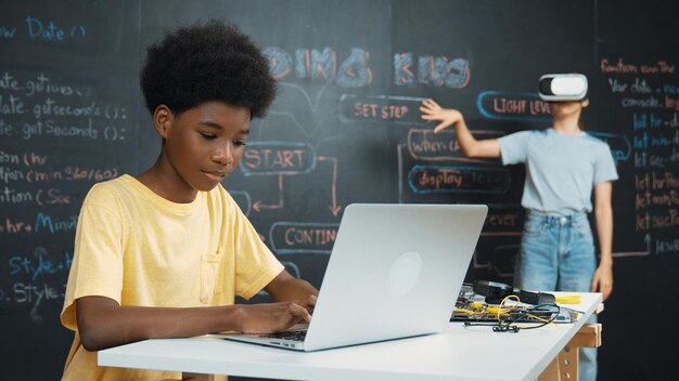 Student programing and coding system while girl enter in metaverse Edification