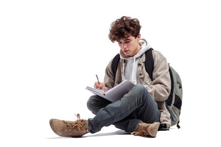 Student takes notes crosslegged indoors