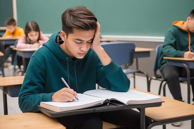 Studente addormentato seduto a prendere appunti