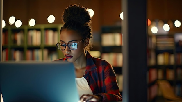 Studente africana nera impegnata che indossa occhiali usando un portatile in piedi nella biblioteca universitaria o universitaria guardando la libreria scegliendo di cercare informazioni online Scatto autentico