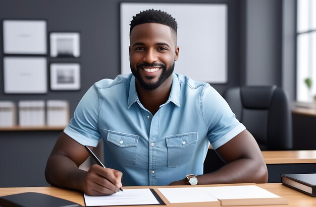 Studente afro-americano del millennio che prende appunti scrivendo informazioni da un libro.