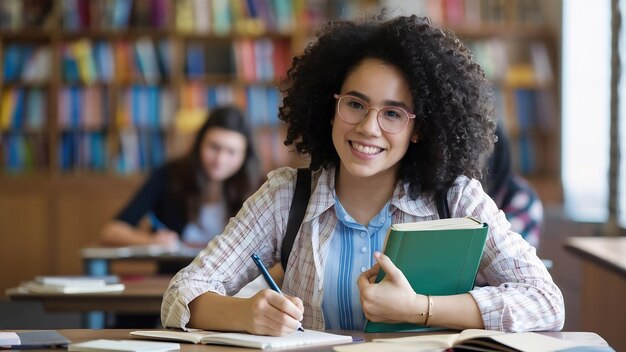 Studente allegro che scrive e tiene in mano dei libri