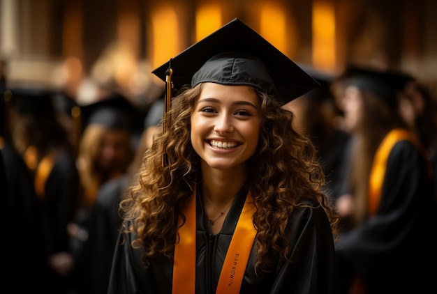 Studente asiatica sorridente in abito accademico e berretto di laurea con diploma in mano
