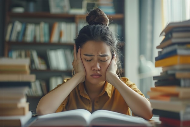 Studente asiatica stanca e esausta seduta in una biblioteca con libri attorno al suo mal di testa e allo stress