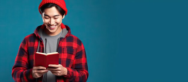 Studente asiatico premuroso in berretto e camicia a quadri rossa guarda lo spazio vuoto tenendo libro e telefono immerso nella contemplazione isolato su sfondo blu