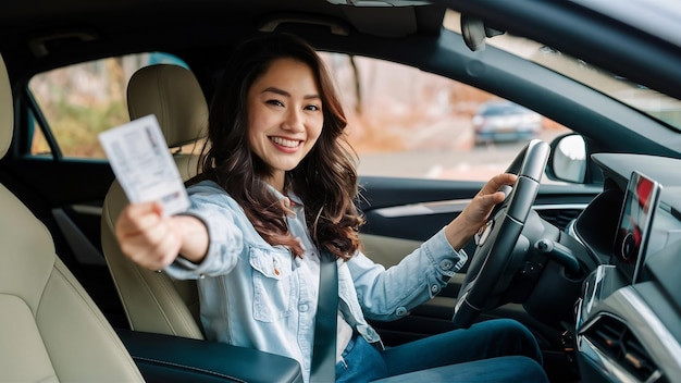 Studente autista felice seduto nella moderna auto d'argento e mostrando la patente di guida