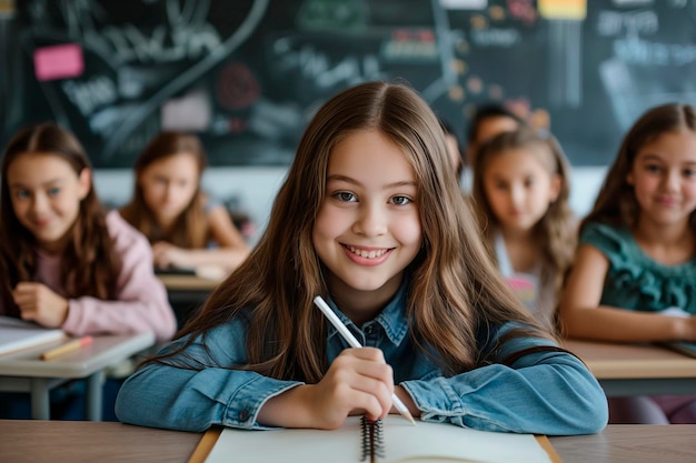 Studente caucasica sorridente seduta alla scrivania in classe a scrivere in un quaderno