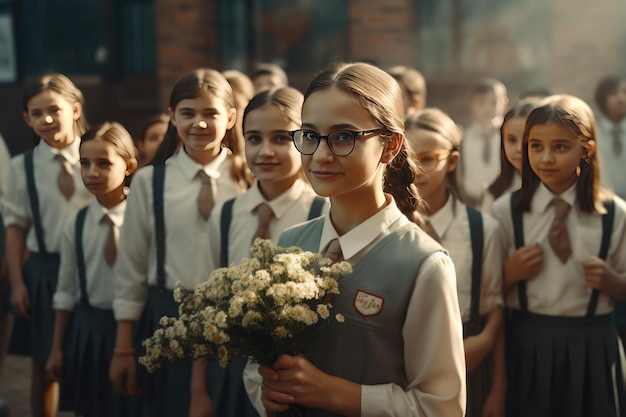 Studente che dà fiori per la celebrazione del giorno dell'insegnante Generativo Ai