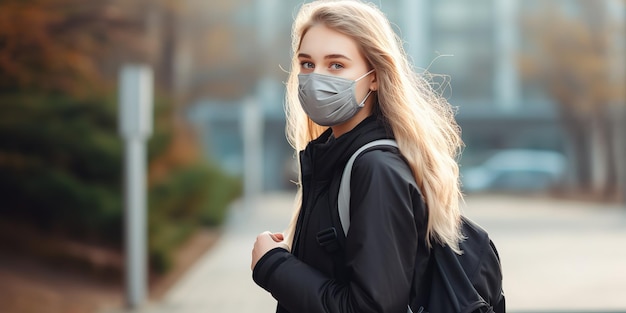 Studente che indossa maschera chirurgica e zaino all'aperto