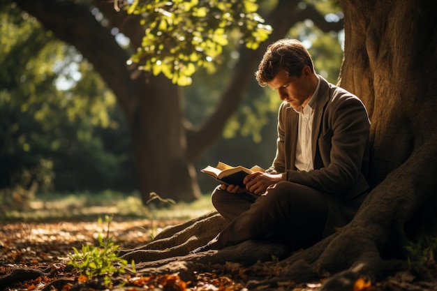 Studente che legge un romanzo classico sotto un albero AI generativa