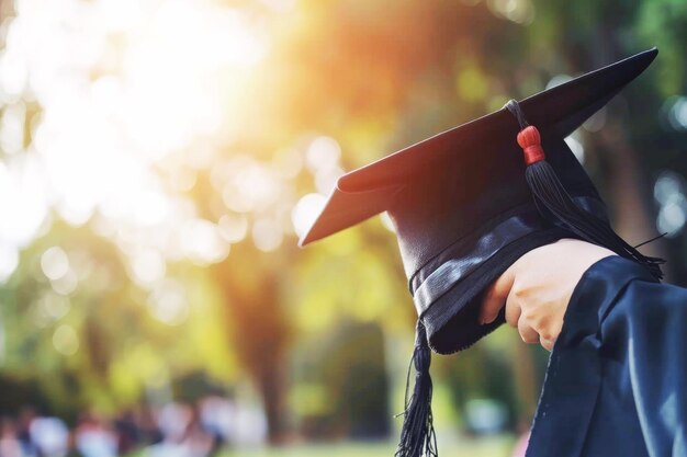 Studente che prende il berretto di laurea su sfocamento sfondo estivo stile di vita spazio libero per il testo