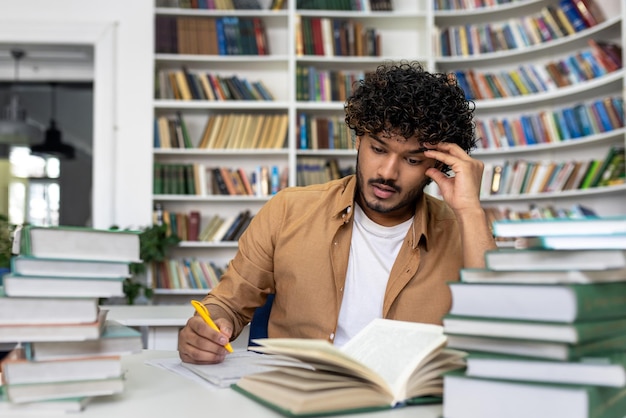 Studente che si prepara agli esami all'interno della biblioteca accademica uomo sovraccarico di lavoro e stanco di studiare da solo